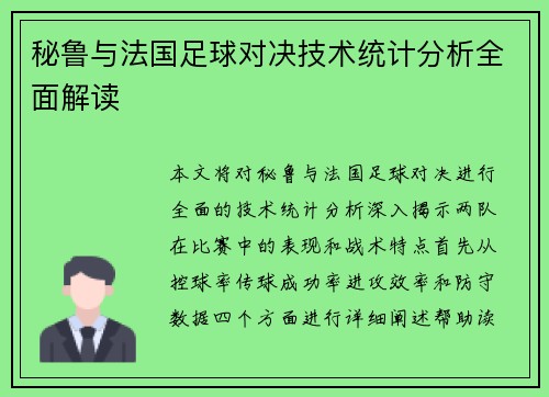 秘鲁与法国足球对决技术统计分析全面解读
